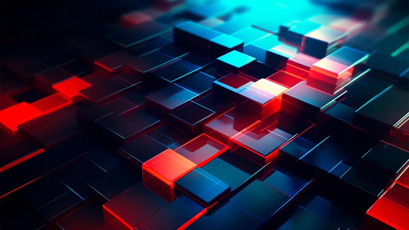Stacked translucent cubes catching cold light against a dark ground.