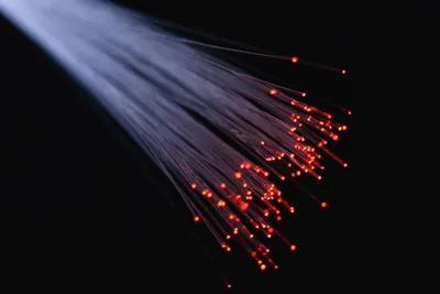 Bundled fibre-optic filaments glowing in close-up.