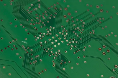 Close-up of a motherboard, its capacitors and traces in shallow focus.